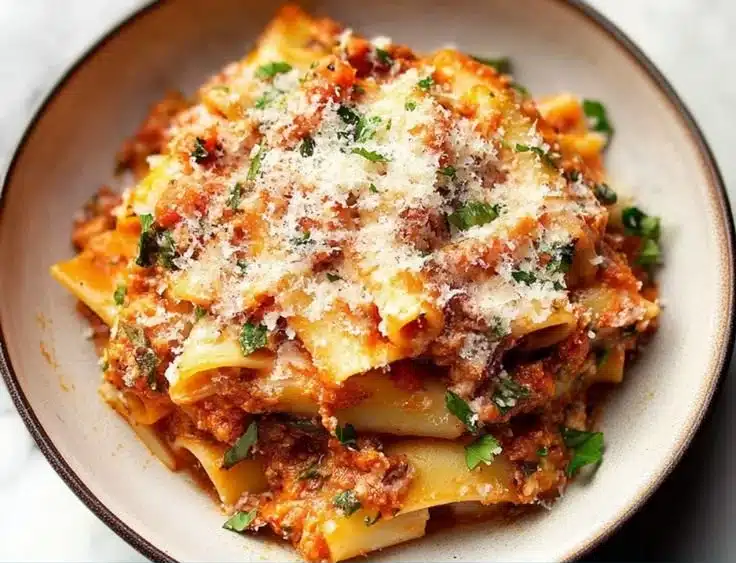 Mostaccioli 5 Plate of delicious mostaccioli pasta topped with marinara sauce and cheese