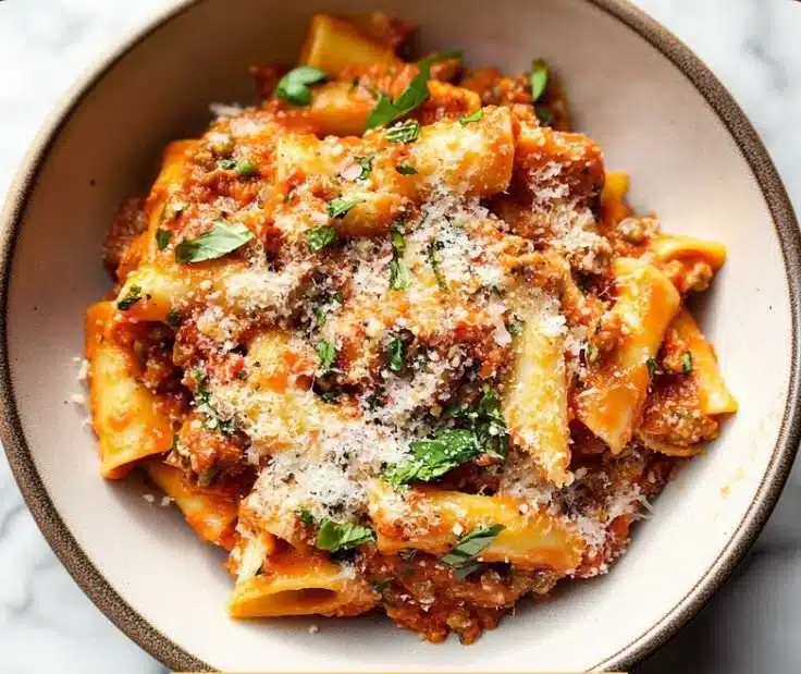 Delicious plate of Mostaccioli pasta served with rich marinara sauce