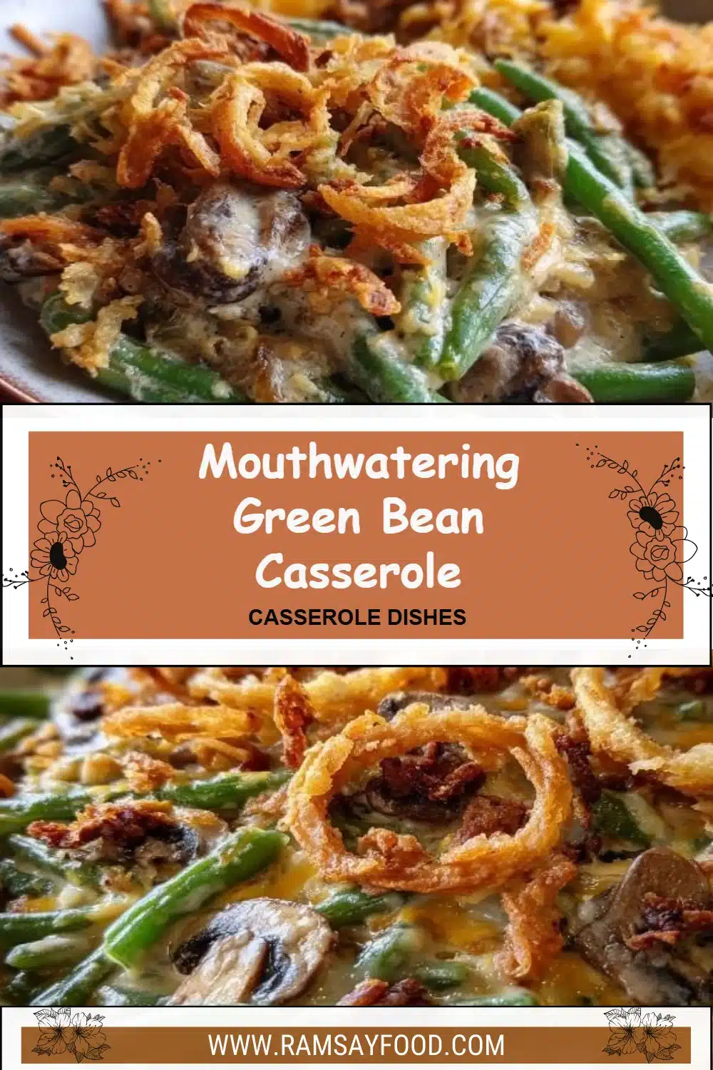 Delicious green bean casserole topped with crispy onions, perfect for holiday meals.