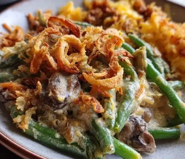 Mouthwatering Green Bean Casserole 6 Delicious green bean casserole topped with crispy onions and served in a baking dish