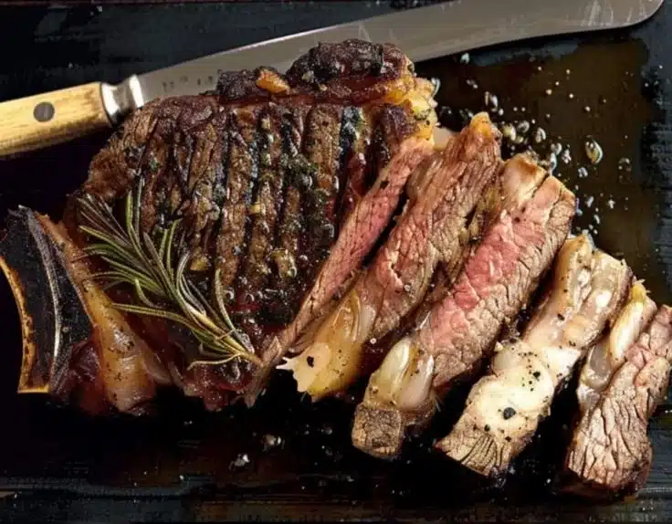 Native Pepperberry Rubbed Ribeye 9 Native Pepperberry Rubbed Ribeye steak garnished and ready to serve.