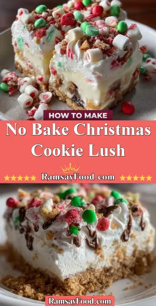 No Bake Christmas Cookie Lush dessert topped with festive decorations