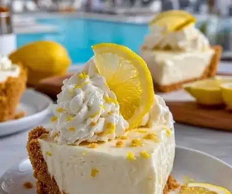 No Bake Lemon Pie with a creamy filling and lemon zest garnish.