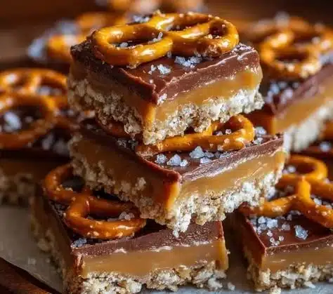 No-bake salted caramel pretzel bars topped with chocolate and flaky sea salt
