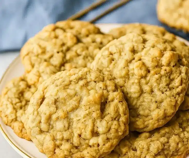Chewy oatmeal cookies on a wooden plate with a glass of milk