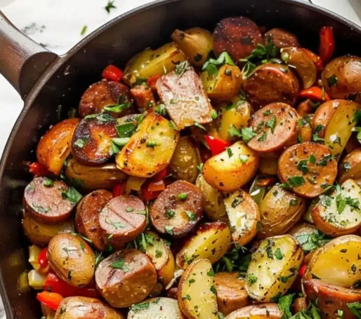 One-Pan Garlic Butter Sausage & Potatoes 7 One-Pan Garlic Butter Sausage and Potatoes meal ready to serve