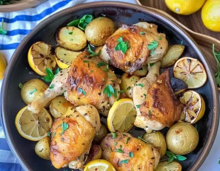 One-Pan Greek Lemon Chicken with Feta Potatoes served on a plate