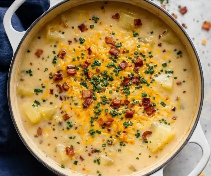 Bowl of creamy Outback Steakhouse potato soup topped with green onions and cheese