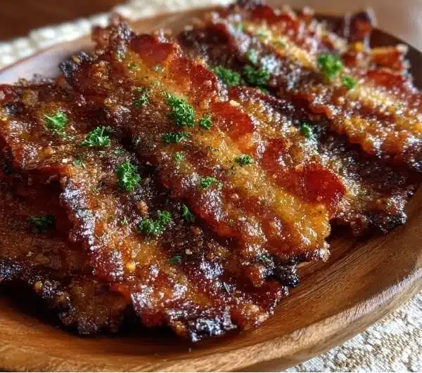 Parmesan Candied Bacon Crackers 5 Parmesan bacon crackers served on a platter, garnished with herbs.