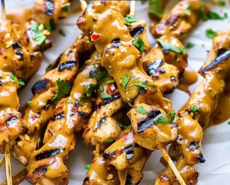Grilled Peanut Chicken Satay Skewers served with peanut dipping sauce