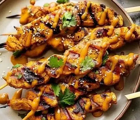 Delicious peanut chicken satay skewers served with peanut sauce