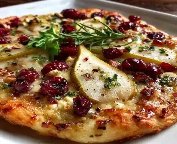 Delicious pear, brie, and cranberry flatbread served on a wooden board