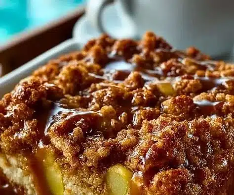Pecan Apple Crisp Coffee Cake with a golden oat topping and pecan pieces