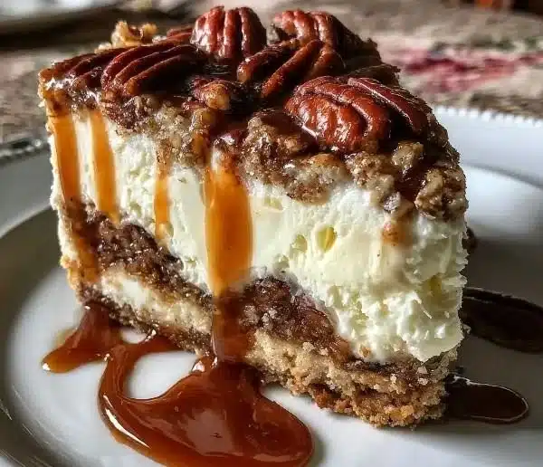 Pecan Pie Cheesecake Trifle 8 Delicious Pecan Pie Cheesecake Trifle layered in a glass dish with pecans on top.