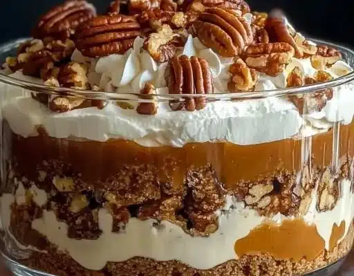 Delicious Pecan Pie Cheesecake Trifle layered with creamy cheesecake and pecans.