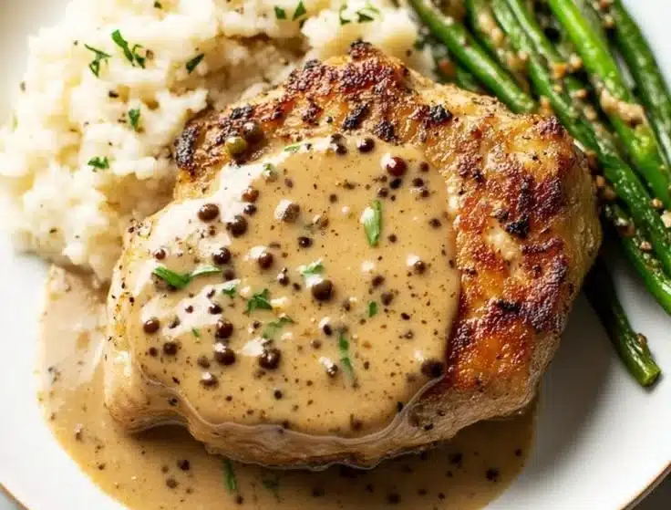 Delicious pork chops served with a rich peppercorn sauce