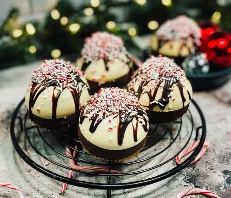 Peppermint Bark Hot Chocolate Bombs 8 Peppermint bark hot chocolate bombs with festive decorations