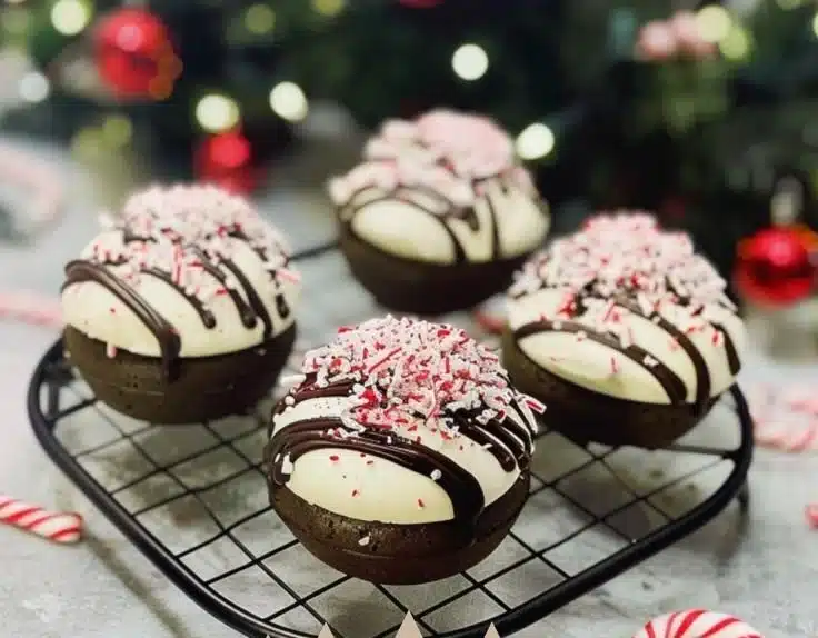 Peppermint Bark Hot Chocolate Bombs ready to melt in warm milk
