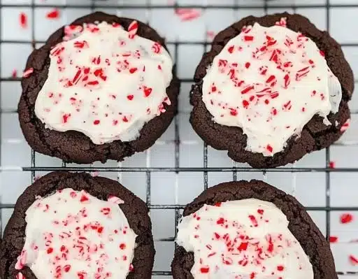 Peppermint frosted chocolate cookies decorated for holiday celebrations