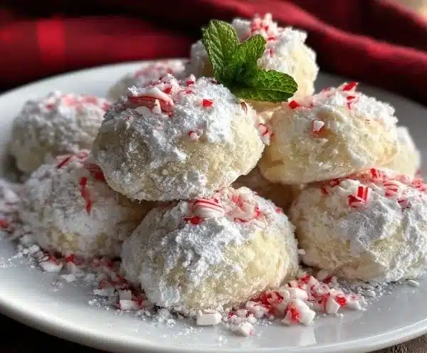 Plate of delicious peppermint snowball cookies dusted with powdered sugar