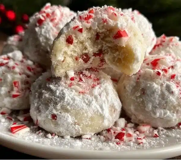 Plate of peppermint snowball cookies dusted with powdered sugar