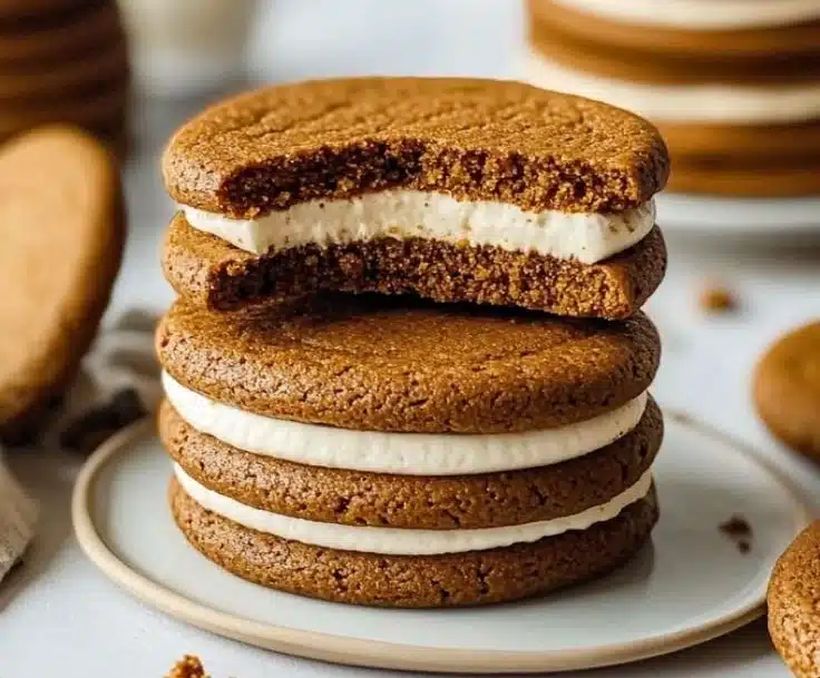 Perfectly spiced gingerbread sandwich cookies adorned with icing and festive decorations