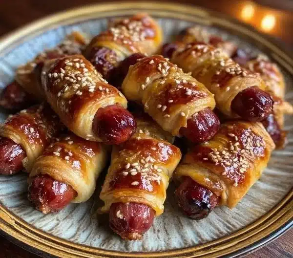 Delicious pigs in a blanket appetizer with flaky pastry and sausages