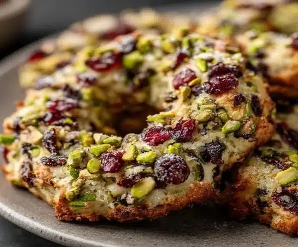 Festive Pistachio Cranberry Wreath Cookies decorated with nuts and dried cranberries