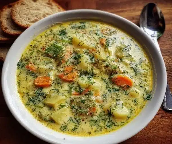 Bowl of Polish Dill Soup garnished with dill and served hot.