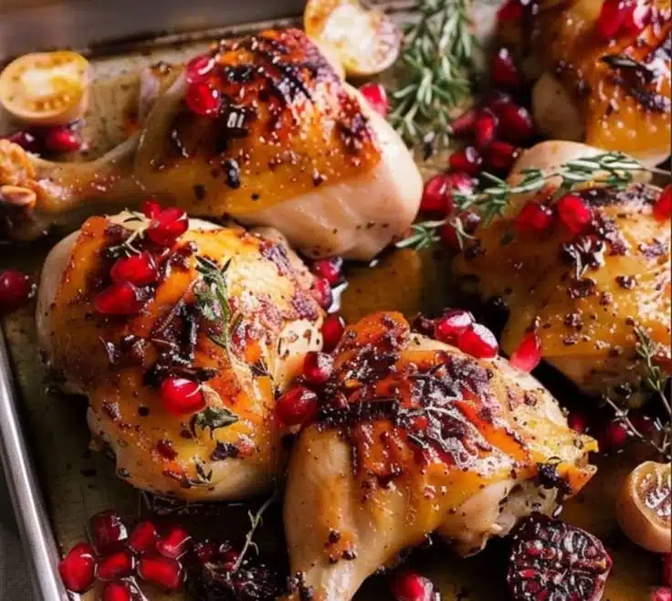 Pomegranate Sumac Roast Chicken pieces garnished with fresh herbs