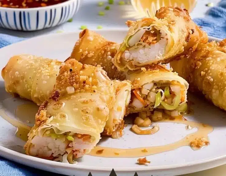 Pork and Sauerkraut Spring Rolls 6 Delicious Pork and Sauerkraut Spring Rolls served on a plate.