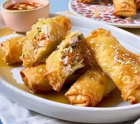 Pork and sauerkraut spring rolls served on a plate with dipping sauce