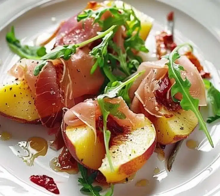 Prosciutto-Wrapped Peaches 4 Prosciutto-wrapped peaches served on a plate, showcasing a delicious appetizer.