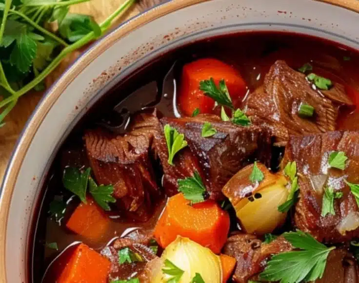 Delicious Provençal beef stew with red wine and herbs served in a rustic bowl