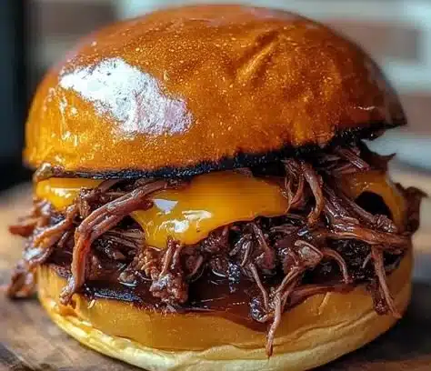 Delicious pulled beef sandwich with fresh ingredients and savory sauce
