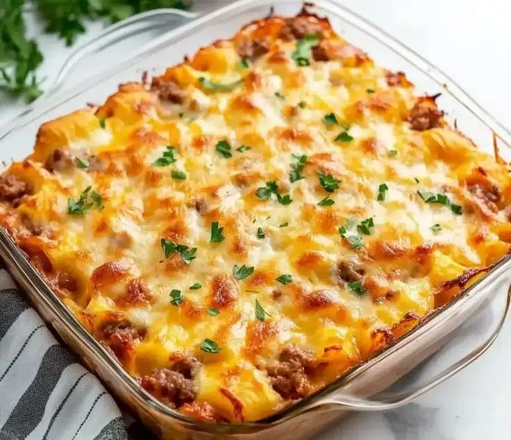 Delicious quick and easy crescent roll breakfast casserole served on a plate