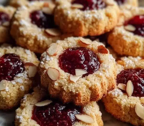 Raspberry Almond Shortbread Thumbprint Cookies with red jam centers