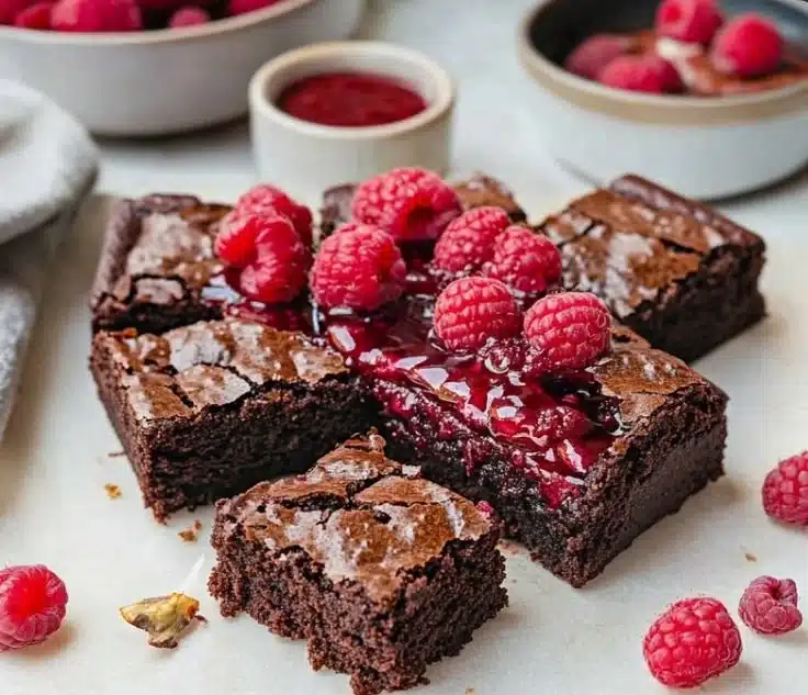 Raspberry Chocolate Brownies 6 Deliciously rich Raspberry Chocolate Brownies with fresh raspberries on top.
