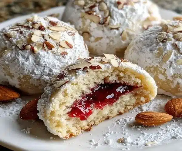 Raspberry filled almond snowball cookies on a plate, sprinkled with powdered sugar