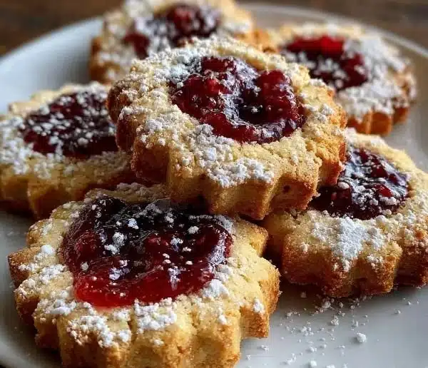 Homemade Raspberry Linzer Cookies with raspberry filling and powdered sugar