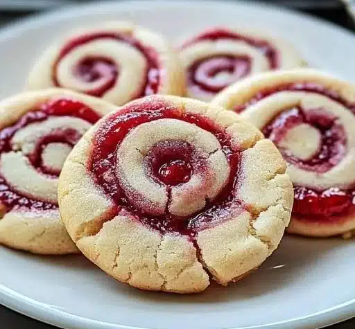 Raspberry Swirl Cookies on a plate, showcasing vibrant raspberry flavor.