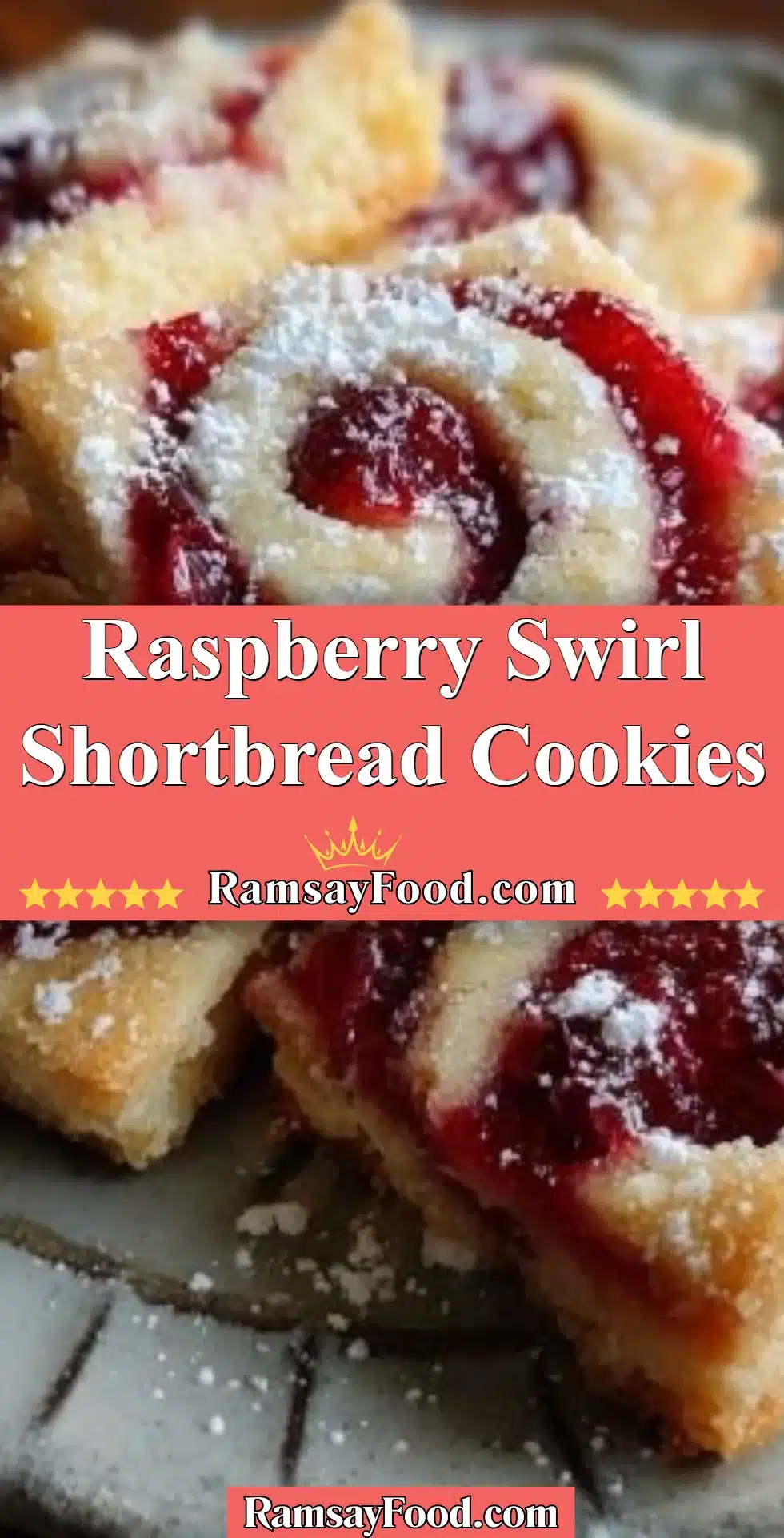 Raspberry Swirl Shortbread Cookies arranged on a plate with a berry garnish