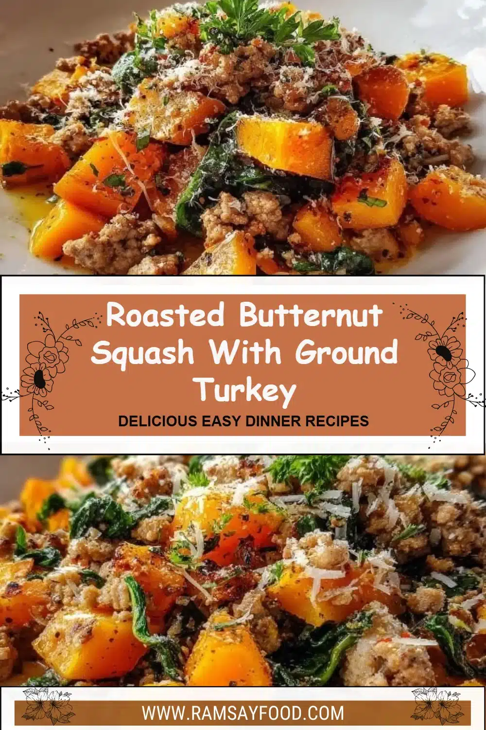 Roasted butternut squash with ground turkey served on a plate.