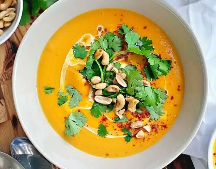 Bowl of roasted carrot coconut ginger soup garnished with fresh herbs