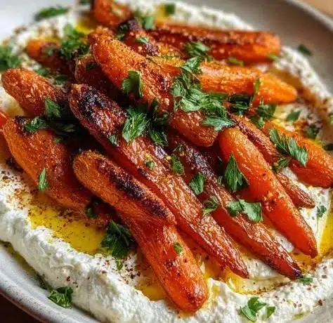 Roasted Carrots with Whipped Ricotta and Hot Honey 7 Roasted carrots with whipped ricotta and hot honey on a white plate