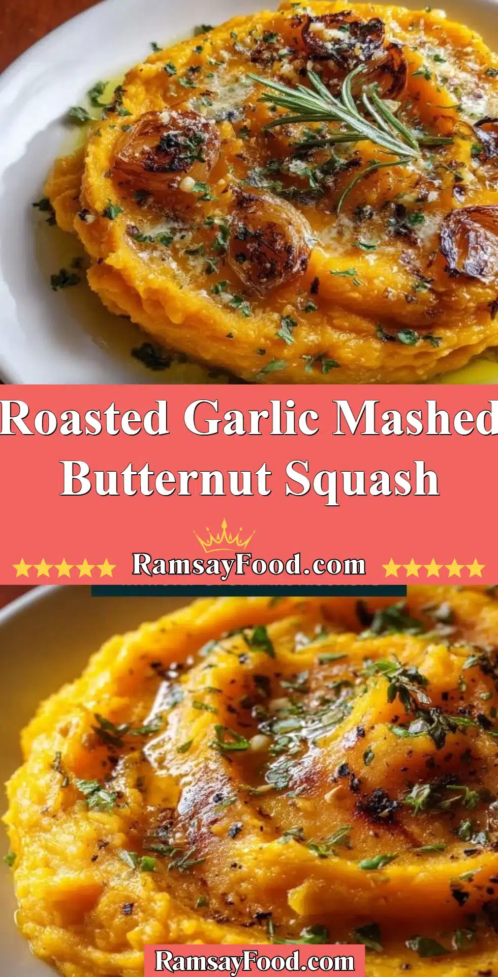 Roasted Garlic Mashed Butternut Squash 2 Creamy roasted garlic mashed butternut squash served in a bowl