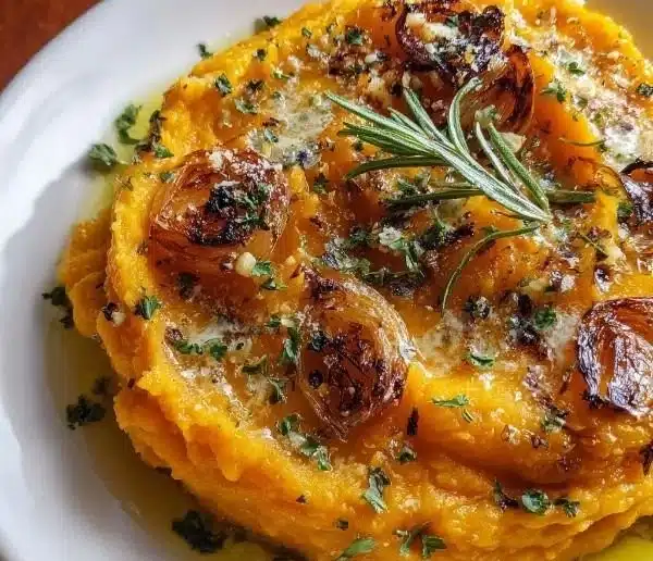 Creamy roasted garlic mashed butternut squash served in a bowl