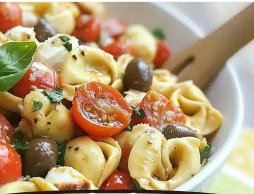 Roasted red pepper and Parmesan tortellini salad garnished with herbs