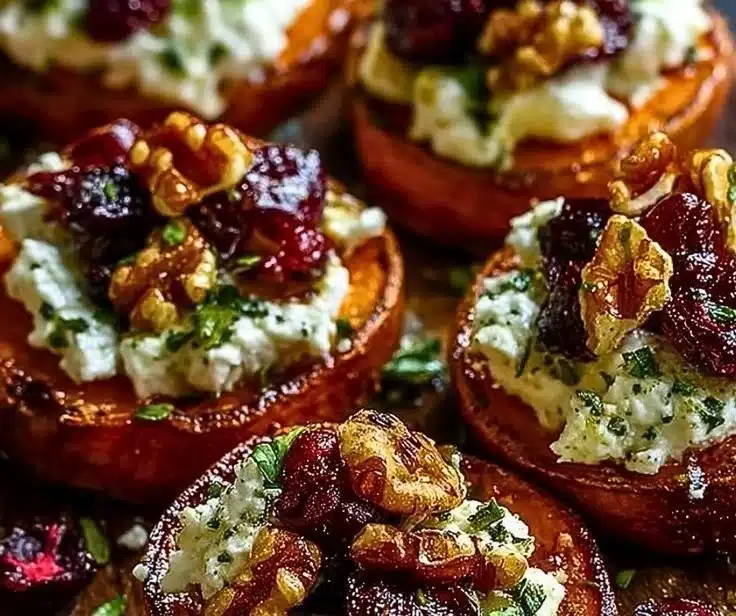 Plate of roasted sweet potato rounds garnished with herbed ricotta, walnuts, and cranberries