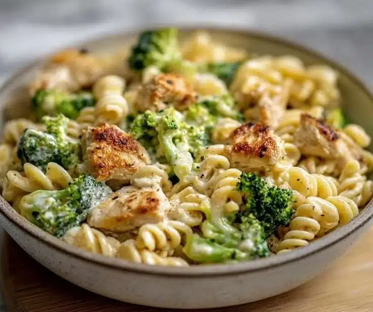 Creamy rotisserie chicken and broccoli pasta in a one-pot dish